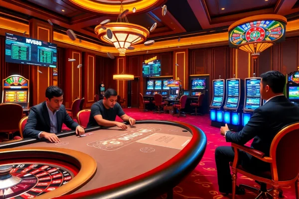 Experience the thrill of mv88 gaming at a lively casino with poker tables and roulette excitement.