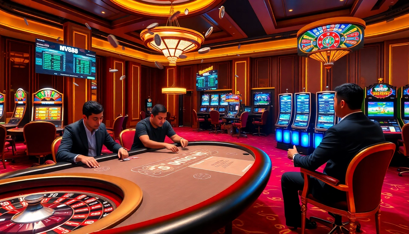 Experience the thrill of mv88 gaming at a lively casino with poker tables and roulette excitement.