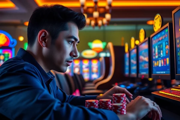 Découvrez le casino en ligne 2026 avec un joueur concentré, entouré de jeux captivants.