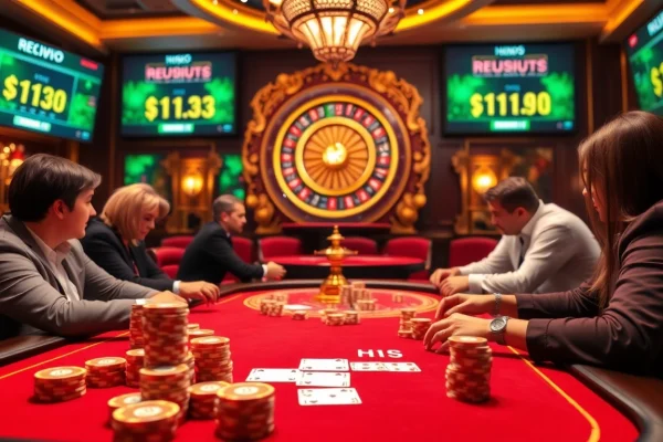 Experience the thrill at https://11win.at/ with stunning casino visuals showcasing players enjoying a poker game.