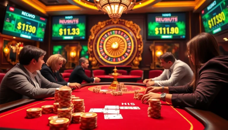 Experience the thrill at https://11win.at/ with stunning casino visuals showcasing players enjoying a poker game.