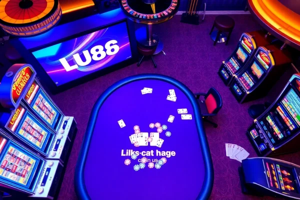 LU88 online casino scene with poker games and vibrant slots, conveying excitement and luxury.