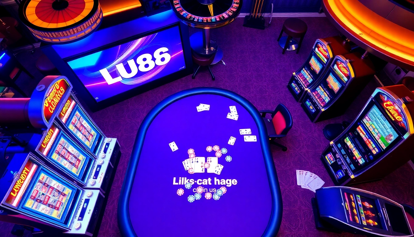 LU88 online casino scene with poker games and vibrant slots, conveying excitement and luxury.