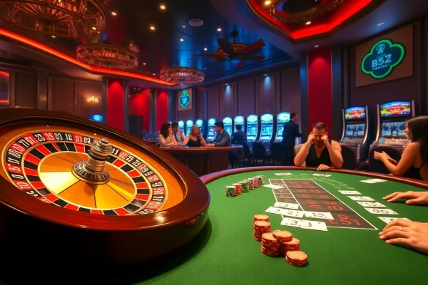 Players enjoying high-stakes games at the luxurious casino scene inspired by https://b52club.forum/ showcasing roulette and poker.