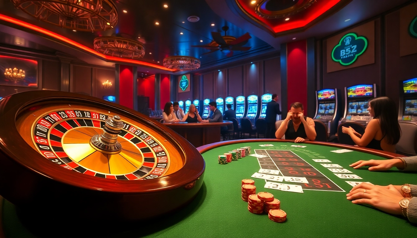 Players enjoying high-stakes games at the luxurious casino scene inspired by https://b52club.forum/ showcasing roulette and poker.