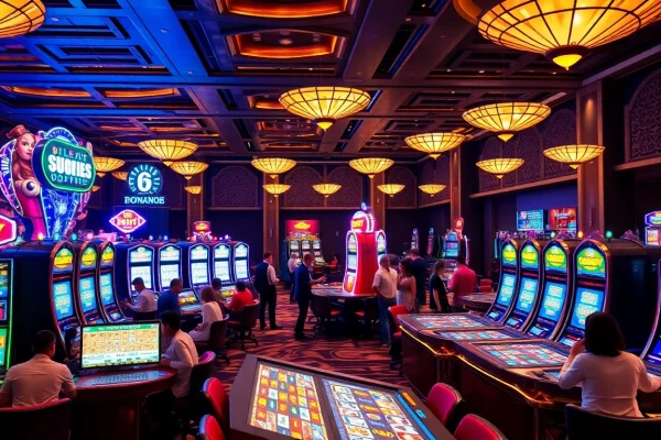 Explore the ambiance of a casino en ligne 2026 with vibrant gaming elements and lively players.