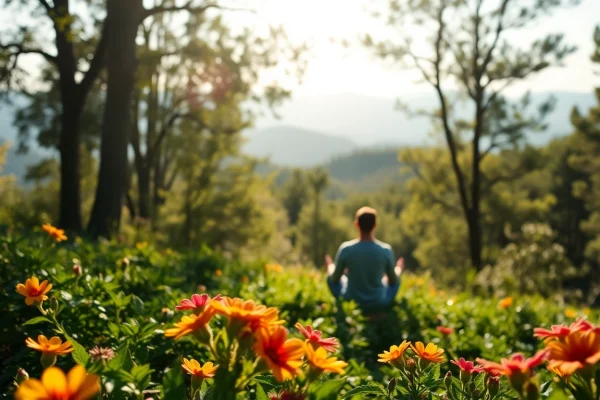 Buy DMT in Colorado illustrated scene with tranquil nature and meditation.