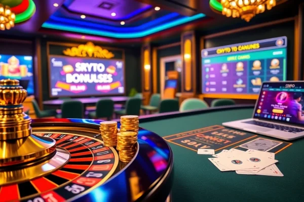 Joueurs savourant le frisson d'un casino crypto avec des jetons de poker, des cartes et une interface numérique.