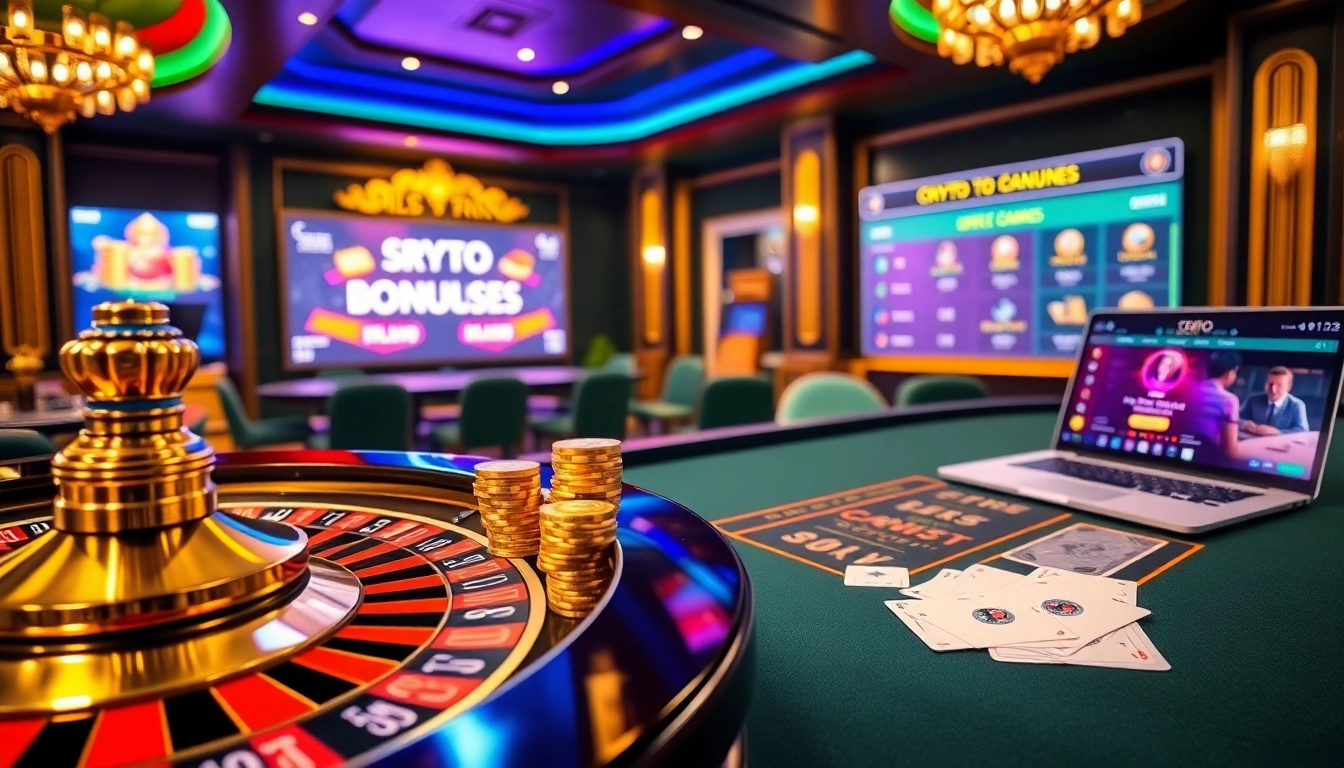 Joueurs savourant le frisson d'un casino crypto avec des jetons de poker, des cartes et une interface numérique.