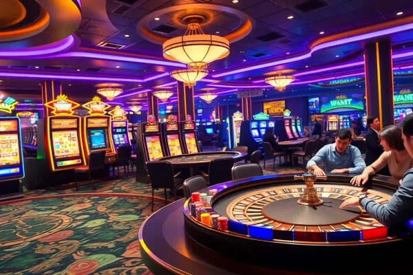 Des joueurs profitant de jeux passionnants dans un casino crypto, avec des jetons de poker et des machines à sous colorées.
