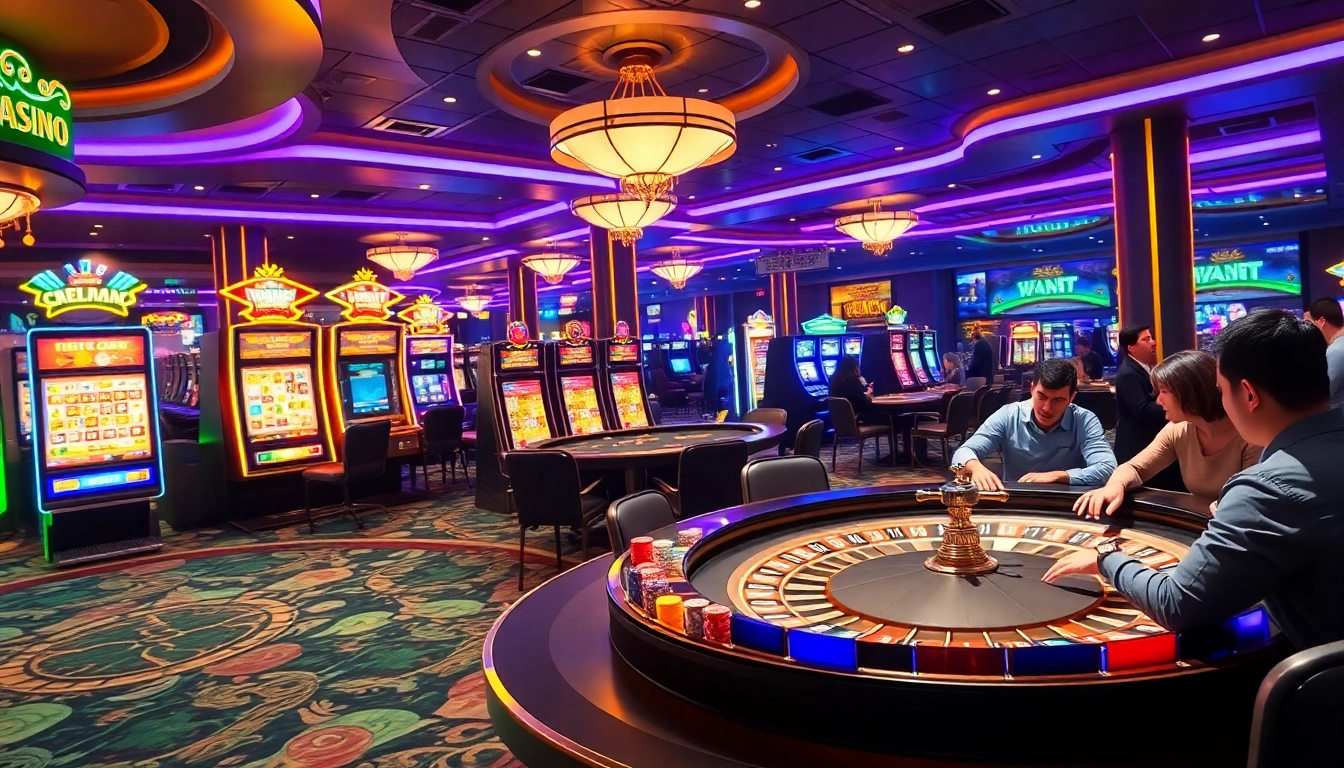 Des joueurs profitant de jeux passionnants dans un casino crypto, avec des jetons de poker et des machines à sous colorées.