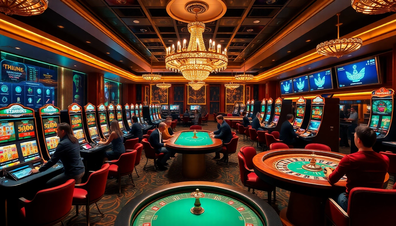 Excited players enjoying games at crypto casinos, featuring vibrant slot machines and poker tables.