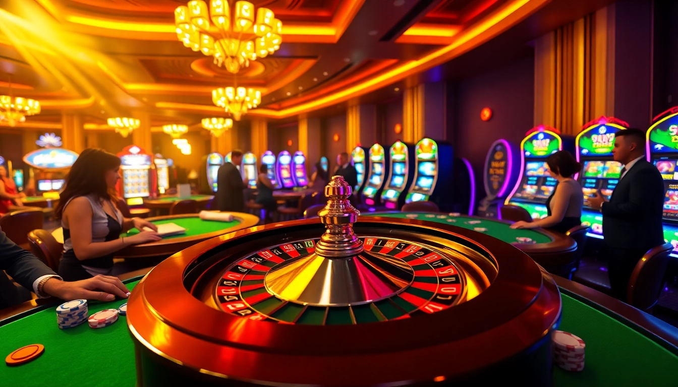 Experience the thrill of gambling on Trang chủ X88 with a luxurious casino scene featuring vibrant tables and excited players.