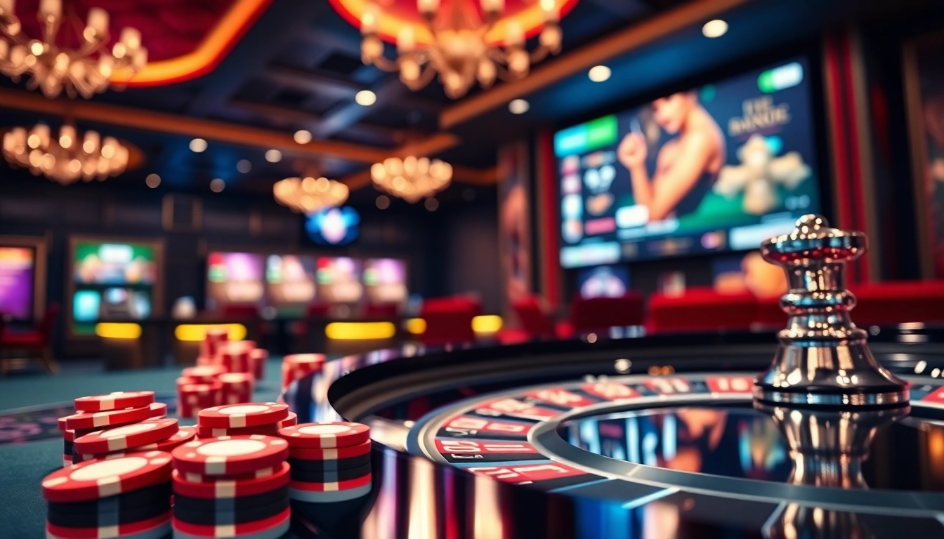 Jouez à un casino en ligne avec une roulette vibrante et des jetons lumineux.