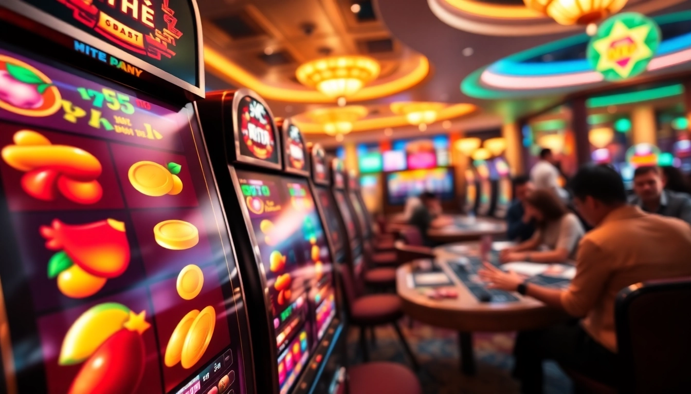 Engaging players at a nổ hũ slot machine with vibrant graphics and cascading coins.