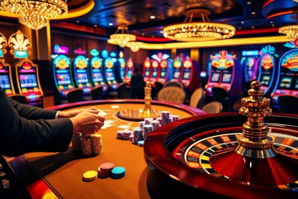 Experience thrilling gaming at https://fsbet.us.com/ with an enchanting casino scene featuring poker, roulette, and slot machines.