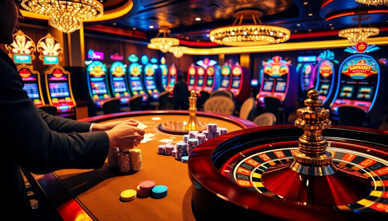Experience thrilling gaming at https://fsbet.us.com/ with an enchanting casino scene featuring poker, roulette, and slot machines.