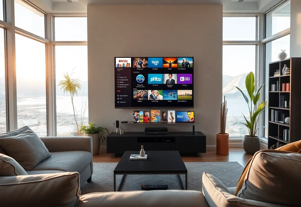Modern living room with smart TV showcasing abonnement iptv options in a cozy ambiance.