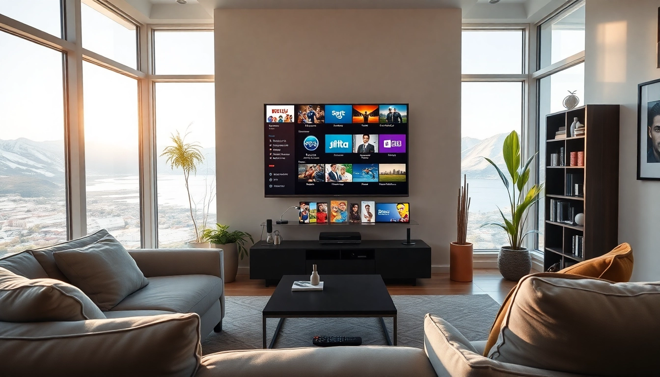 Modern living room with smart TV showcasing abonnement iptv options in a cozy ambiance.
