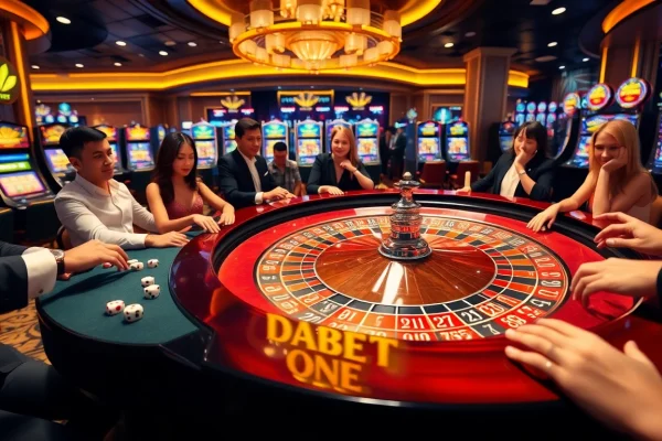 Engaging players at a roulette table highlighting DABET ONE's vibrant casino experience.