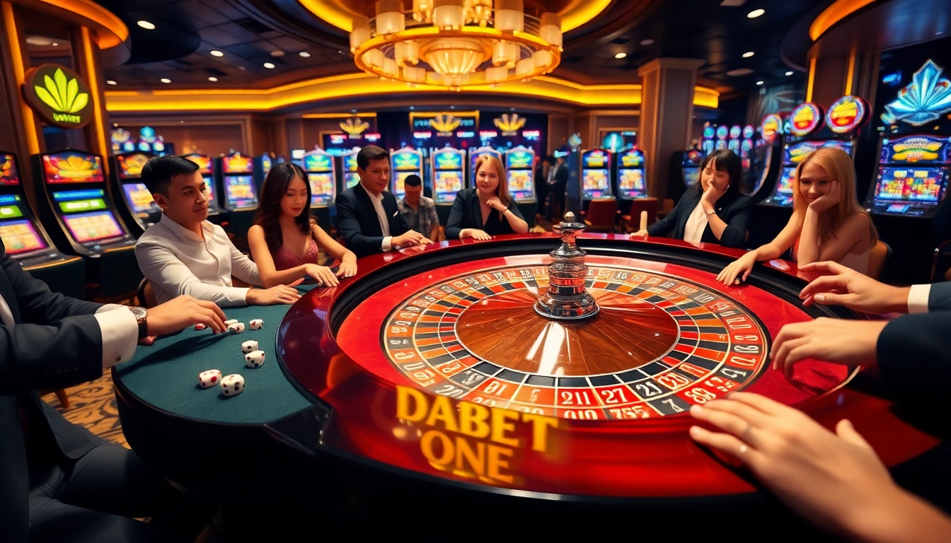 Engaging players at a roulette table highlighting DABET ONE's vibrant casino experience.