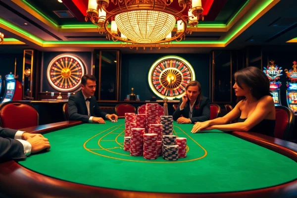 Engaging poker game scene at https://five88.boston/ with luxurious casino atmosphere, vibrant colors, and strategic chip placements.