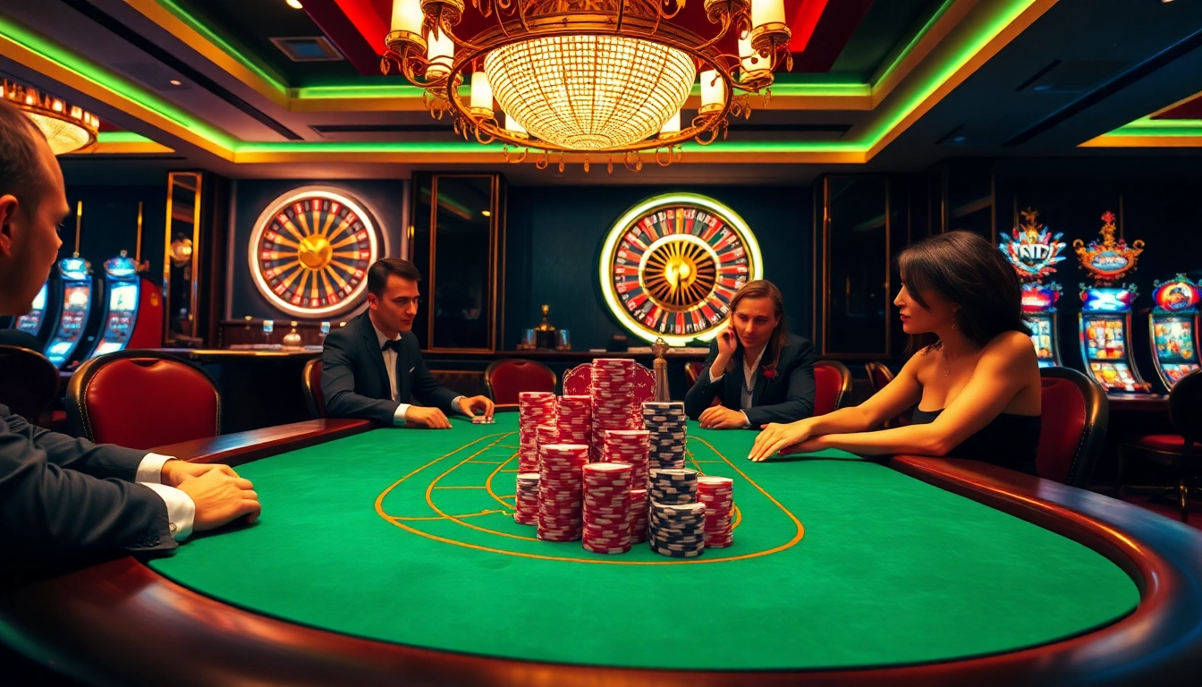 Engaging poker game scene at https://five88.boston/ with luxurious casino atmosphere, vibrant colors, and strategic chip placements.
