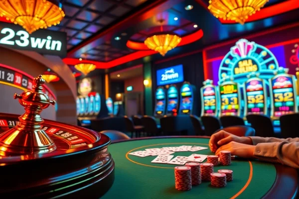 Experience the exciting scene of players at 23win.monster in a vibrant casino setting.
