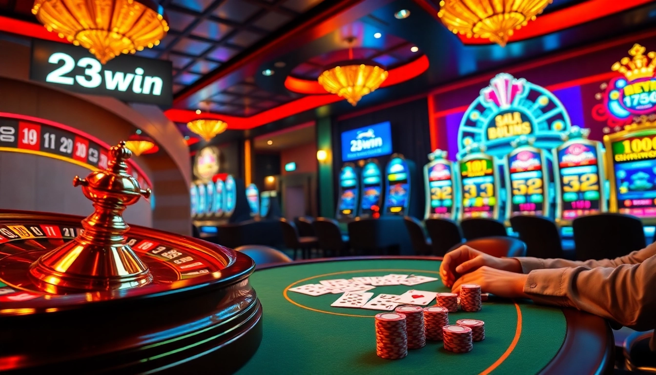 Experience the exciting scene of players at 23win.monster in a vibrant casino setting.