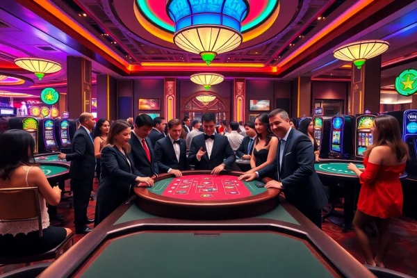 Vibrant casino en ligne gaming atmosphere with enthusiastic players and elegant setting.
