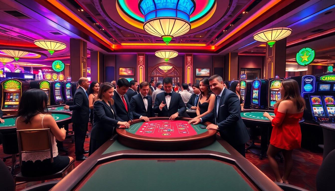 Vibrant casino en ligne gaming atmosphere with enthusiastic players and elegant setting.