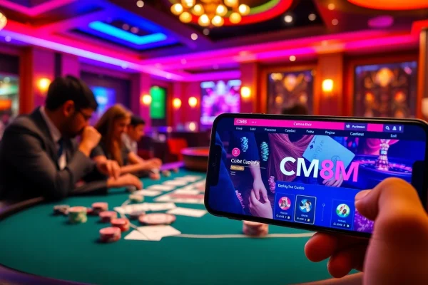 Dynamic poker game showcasing cm88sm elements, featuring players and colorful chips.