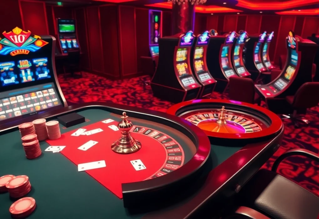 casino en ligne retrait instantané showcased with luxurious poker table, roulette wheel, and vibrant atmosphere.