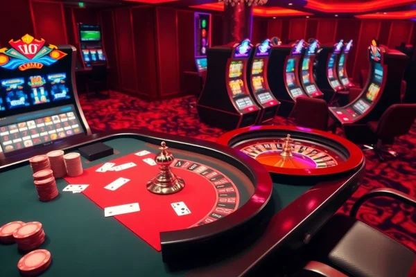 casino en ligne retrait instantané showcased with luxurious poker table, roulette wheel, and vibrant atmosphere.