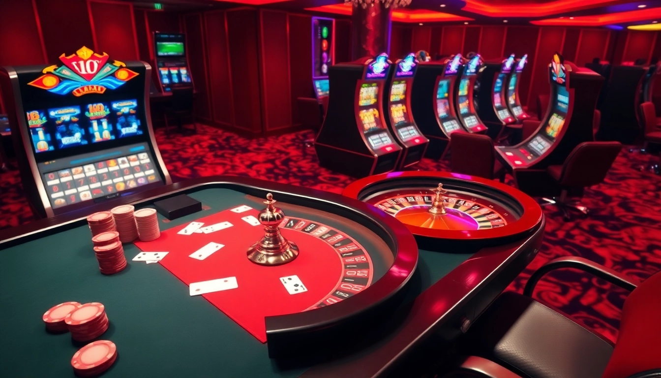 casino en ligne retrait instantané showcased with luxurious poker table, roulette wheel, and vibrant atmosphere.