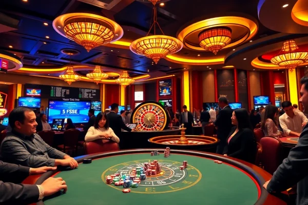 Players enjoy a thrilling poker game at https://fsbet.app/, surrounded by dazzling casino visuals.