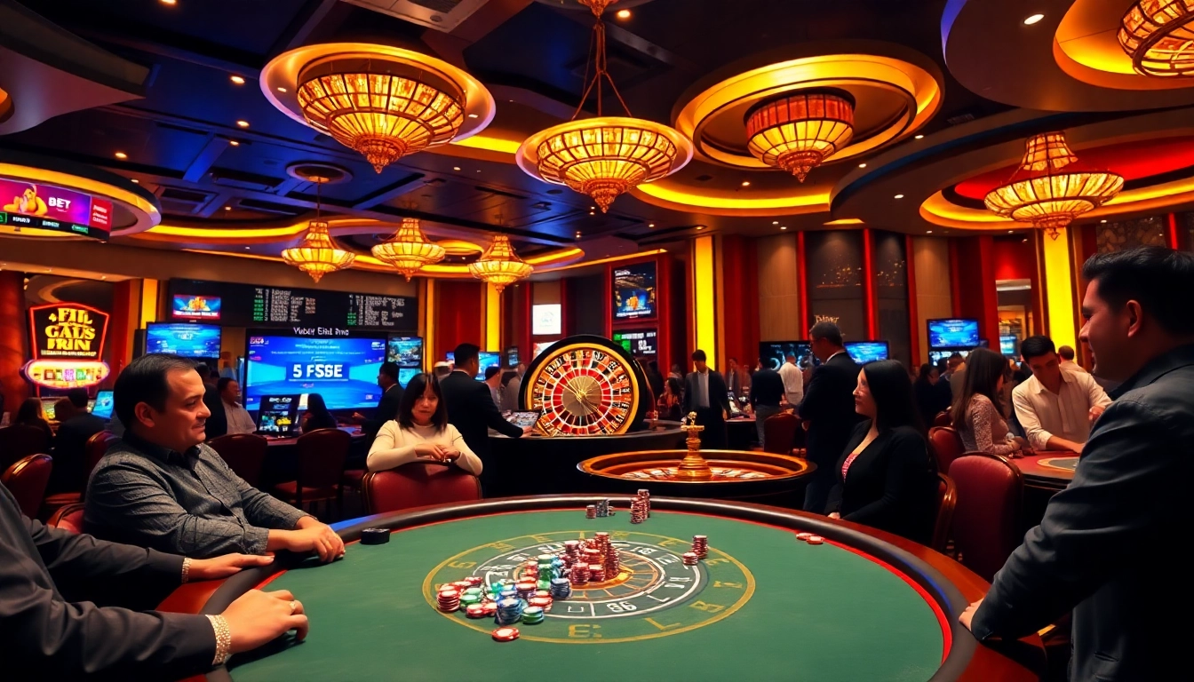 Players enjoy a thrilling poker game at https://fsbet.app/, surrounded by dazzling casino visuals.