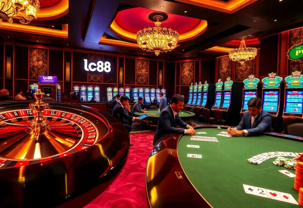 Experience the thrill at the lc88 casino with a roulette wheel and engaging slot machines.