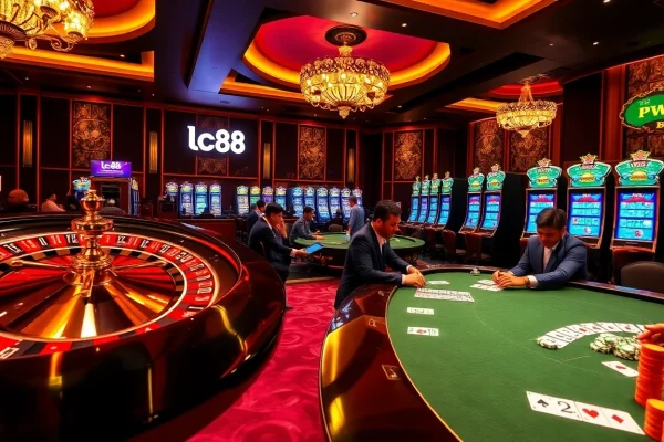 Experience the thrill at the lc88 casino with a roulette wheel and engaging slot machines.