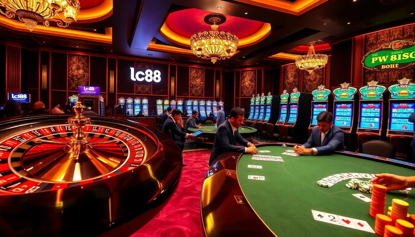 Experience the thrill at the lc88 casino with a roulette wheel and engaging slot machines.