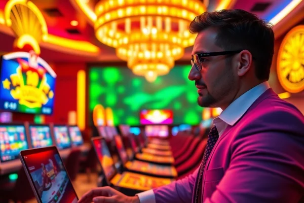 Joueur dans un casino en ligne légal en France entouré de lumières vives et d'écrans.