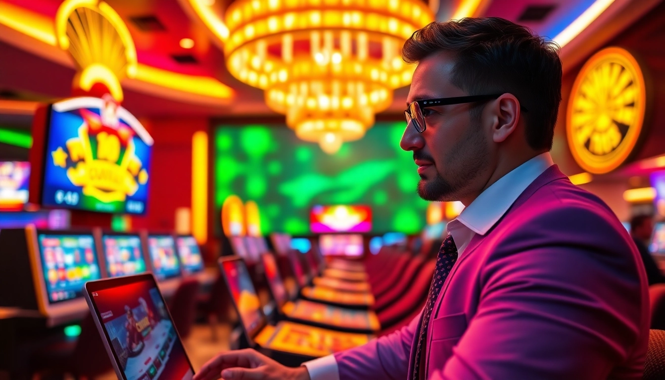 Joueur dans un casino en ligne légal en France entouré de lumières vives et d'écrans.