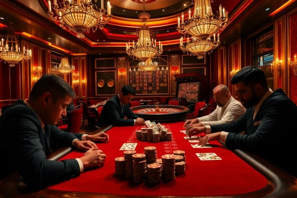 Players engaged in a thrilling poker game at https://lode88.fising/, showcasing casino excitement and strategy.