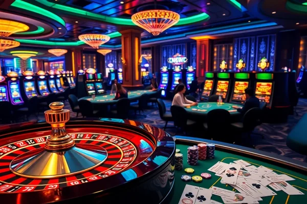 Exciting gambling action at a luxury casino featuring the vibrant S8 stand and roulette wheel.