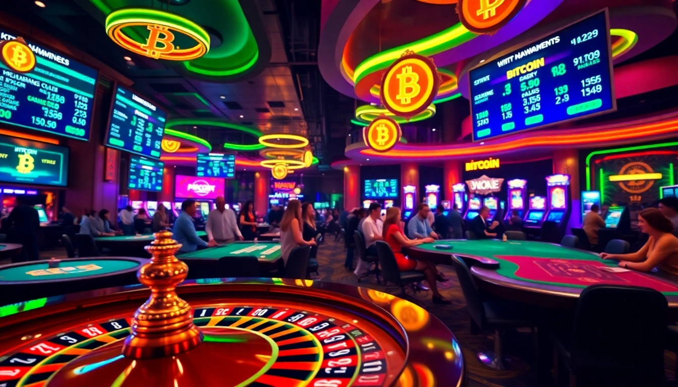 Jouer dans un Bitcoin casino dynamique avec des lumières vives et une ambiance excitante.