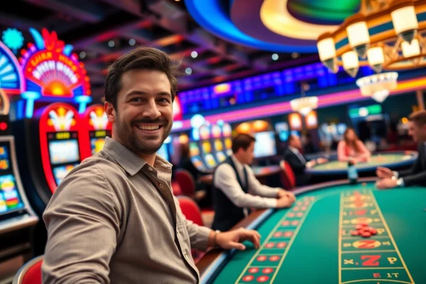 Joueurs heureux citant la vie en couleur dans un casino en ligne dynamique.