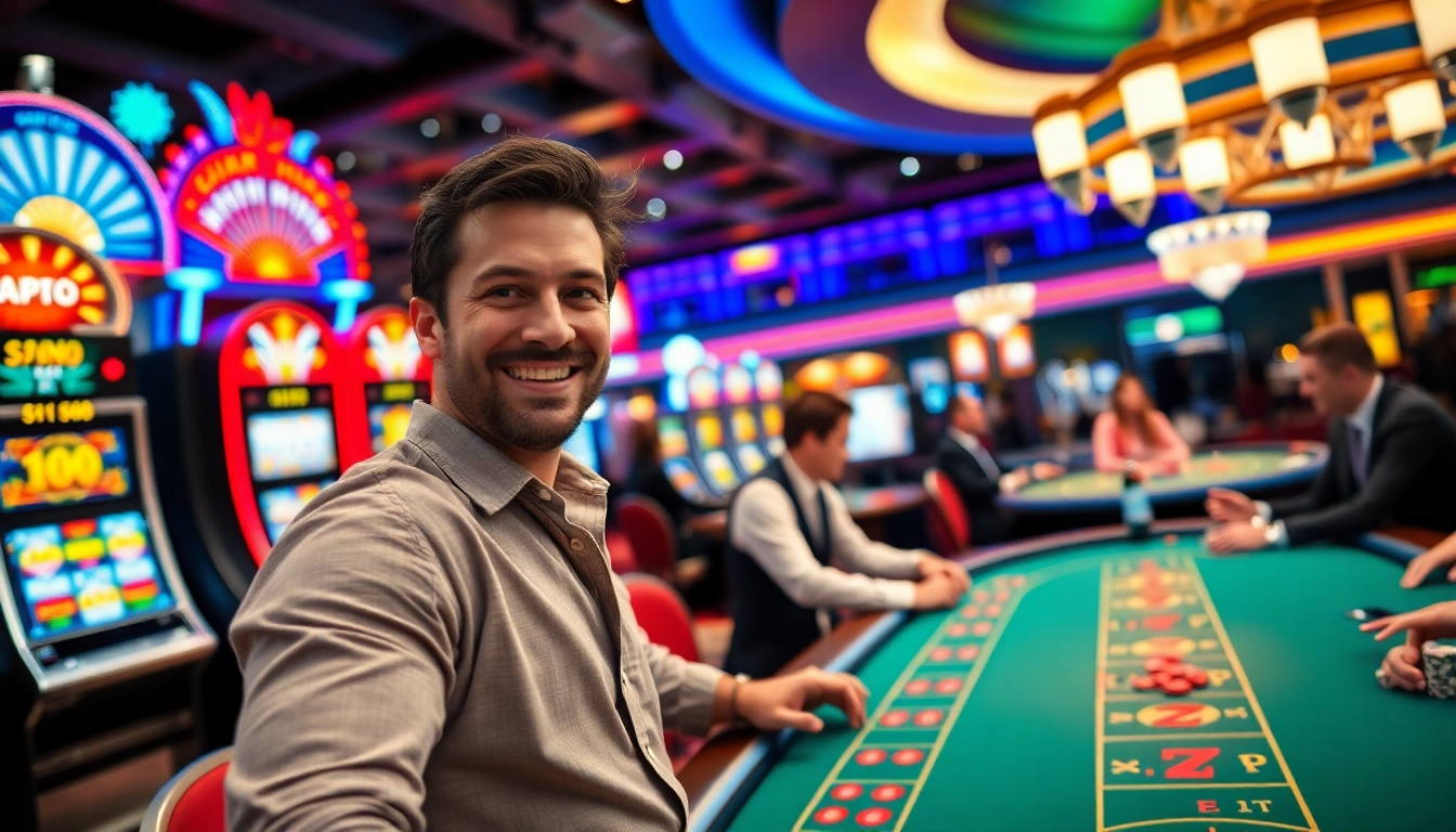 Joueurs heureux citant la vie en couleur dans un casino en ligne dynamique.