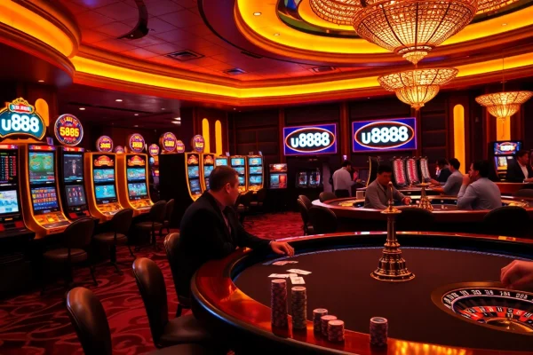 Experience the thrill of u 888 casino with players engaged in poker and slot machines.