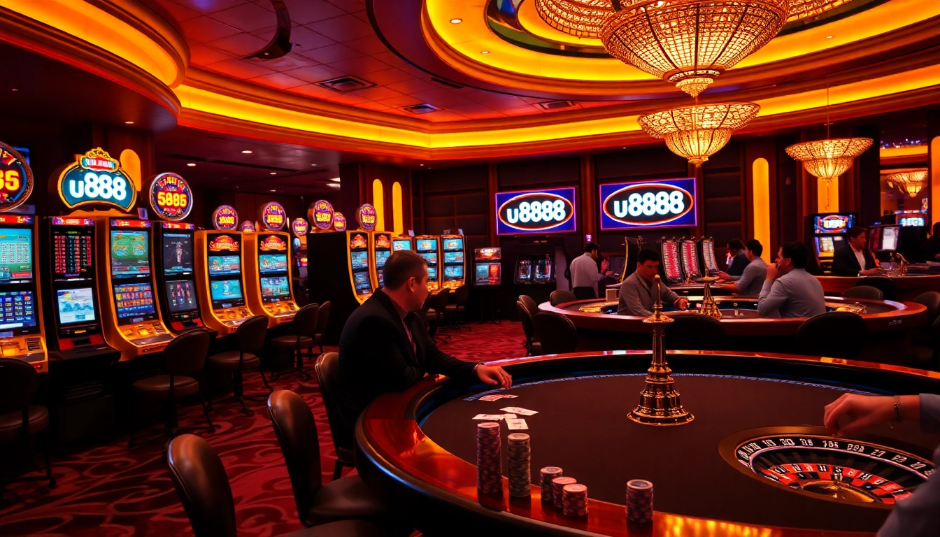 Experience the thrill of u 888 casino with players engaged in poker and slot machines.