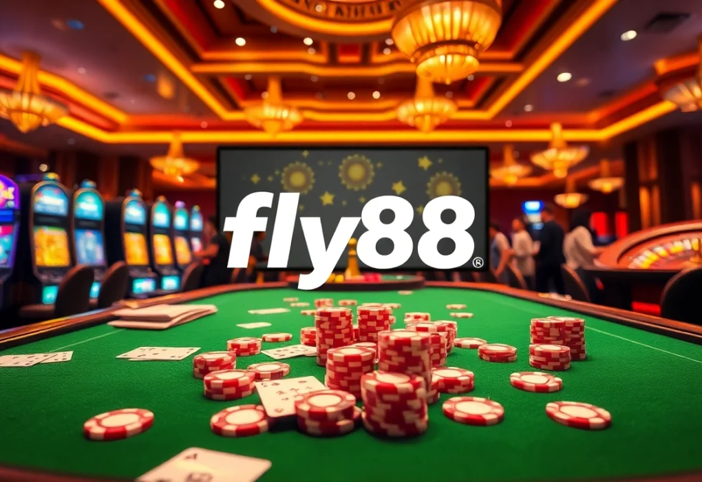 Betting at a vibrant poker table showcasing https://fly88.services/ with colorful chips and cards.
